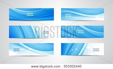 Vector Abstract Flow Wavy Banners Set. Water, Stream, Energy Stream Horizontal Backgrounds. Wave Liq