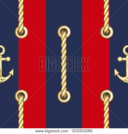 Vertical Straped Ropes With Golden Metal Eyelets Seamless Pattern.