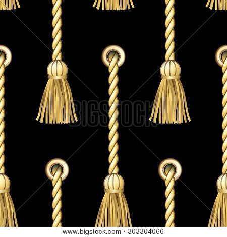 Golden Vertical Straped Ropes With Brushes Metal Eyelets Seamless Pattern.