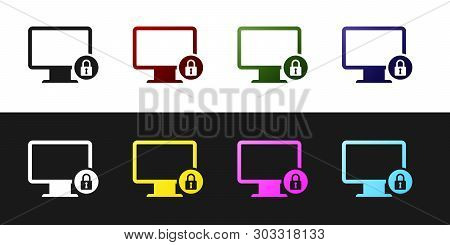 Set Lock On Computer Monitor Screen Icon Isolated On Black And White Background. Monitor And Padlock