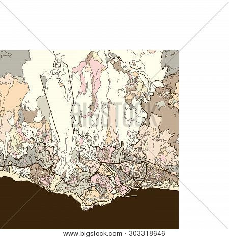 Map Of Funchal Portugal, Art Map Print Template. Brown Colored Version For Apps, Print Or Web Backgr
