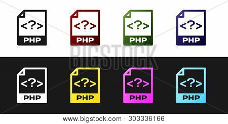 Set Php File Document Icon. Download Php Button Icon Isolated On Black And White Background. Php Fil