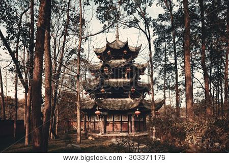 Traditional Chinese pavilion in woods in Dazu Chongqing China