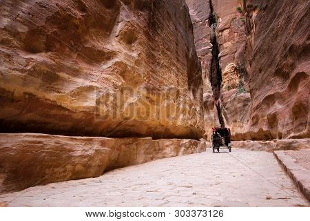 Horse Cart For Tourists Galloping Through The Sig Valley, Petra, Jordan