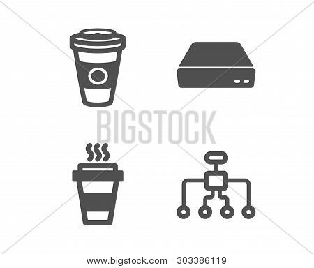 Set Of Takeaway, Mini Pc And Takeaway Coffee Icons. Restructuring Sign. Takeout Coffee, Computer, Ho