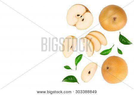 Fresh Asian Pear With Leaves Isolated On White Background With Copy Space For Your Text. Top View. F
