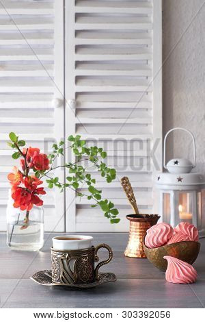 Oriental Coffee Cooked In Traditional Turkish Copper Coffee Pot And  Served In A Matching Cup On Lig