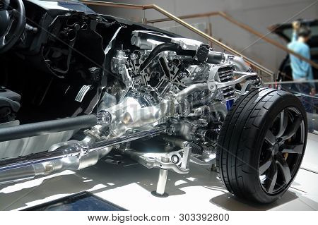 Car Sectioned. The Internal Structure Of The Car. Engine V6 Biturbo, Gearbox And Suspension. Torque 