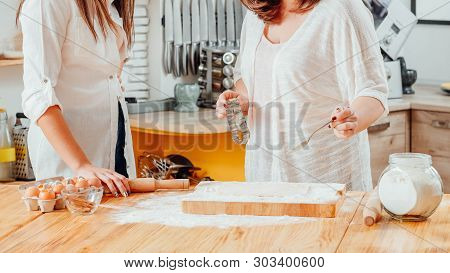 Home Culinary Class. Family Leisure. Cooking Hobby. Mother Sharing Experience, Teaching Daughter To 