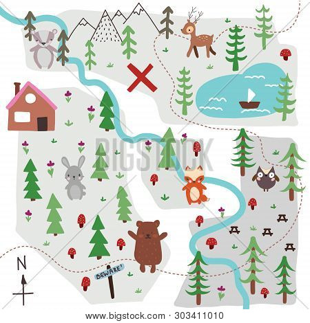 Hand Drawn Cartoon Treaure Map. Vector Illustration