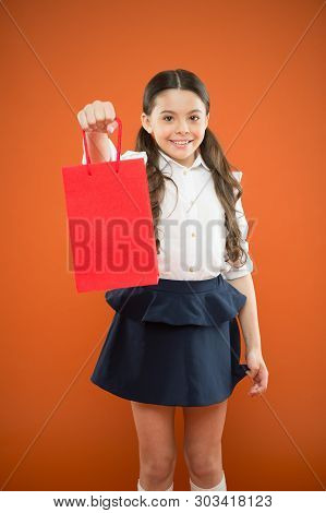 Buy School Supplies. Back To School Season. Girl Holding Shopping Bag. Prepare For School Season Buy