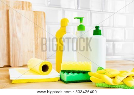 Cleaning Set For Different Surfaces. Cleaning Products Or Home Cleaning Concept.