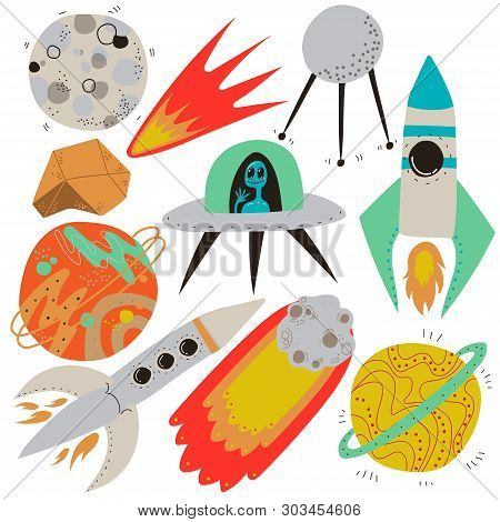 Space Set, Full Moon, Flaming Meteorite, Artificial Earth Satellite, Ufo Spaceship, Rocket, Saturn, 