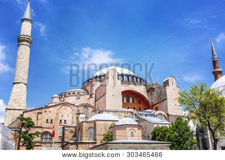 Istanbul, Turkey, 05/22/2019: The Hagia Sophia Mosque On The Background Of Bright Blue Sky.