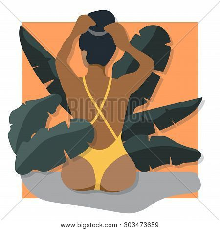 Beautiful Sexy Girl In Summer Exotic Tropic Leaves On Colorful Bacground. Bright Tropical Design Sum