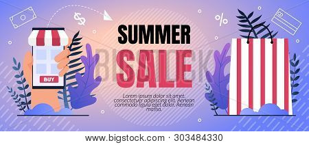 Vector Illustration Summer Sale Percent Lettering. Quick Purchase Goods In Sales In Online Stores Th