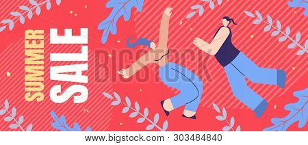 Horizontal Flat Banner Summer Sale Lettering. Colorful Advertising Poster About Discounts And Offers