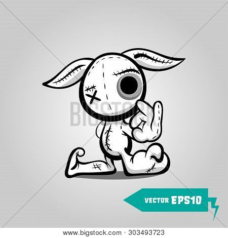 Cute Evil Rabbit Halloween Sticker. Angry Sewn Voodoo Bunny. Comic Book Sketch Vector. Stitched Thre