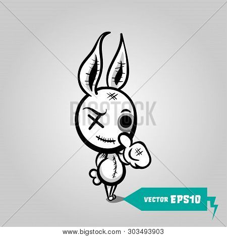 Cute Evil Rabbit Halloween Sticker. Angry Sewn Voodoo Bunny. Comic Book Sketch Vector. Stitched Thre