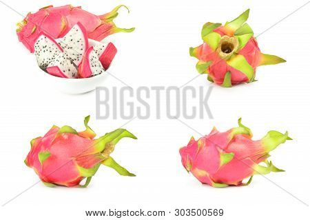 Collage Of Dragon Fruit Isolated On White
