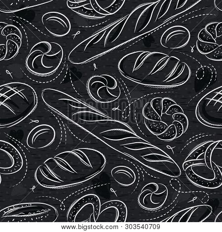 Seamless Patterns With Different Breads, Pretzel, And Bap On Blackboard. Ideal For Printing Onto Fab