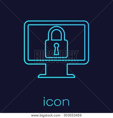 Turquoise Lock On Computer Monitor Screen Line Icon Isolated On Blue Background. Monitor And Padlock