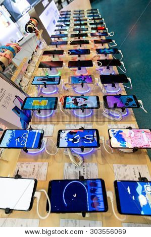 Moscow, Russia -may 15.2019. Samsung Cell Phones In Shop Window In Mvideo Store
