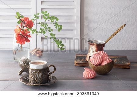 Oriental Coffee Cooked In Traditional Turkish Copper Coffee Pot And  Served In A Matching Cup