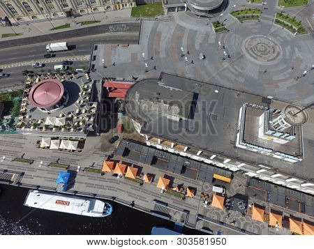 Embankment and river-boats early morning at spring. Downtown (drone image). May 28, 2019. Kiev,Ukraine