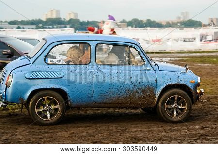 Moscow, Russia - May 25, 2019: Vintage And Rare Soviet Car Zaz 965 Zaporozhets. Blue Car Rides On Th
