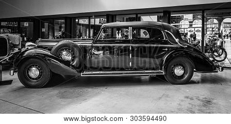 Berlin - May 11, 2019: An Ultra-luxury Car Maybach Sw 38, 1936. Black And White. 32th Berlin-branden