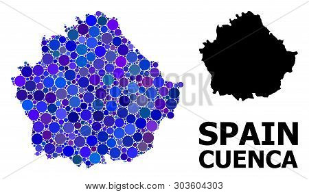 Blue Round Spot Mosaic And Solid Map Of Cuenca Province. Vector Geographic Map Of Cuenca Province In