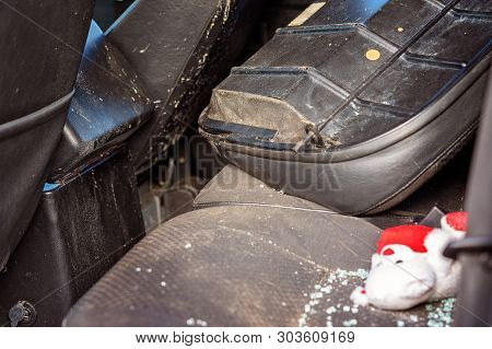 The Damaged Interior Of A Four Wheel Drive Vehicle Involved In A Highway Collision