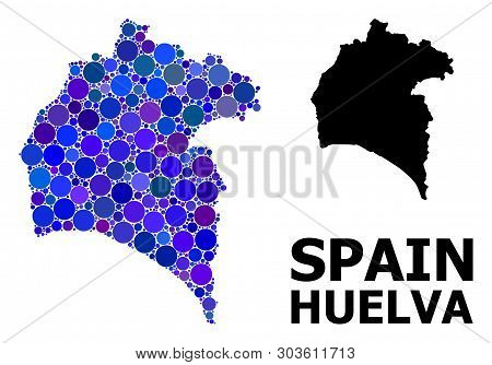 Blue Circle Mosaic And Solid Map Of Huelva Province. Vector Geographic Map Of Huelva Province In Blu