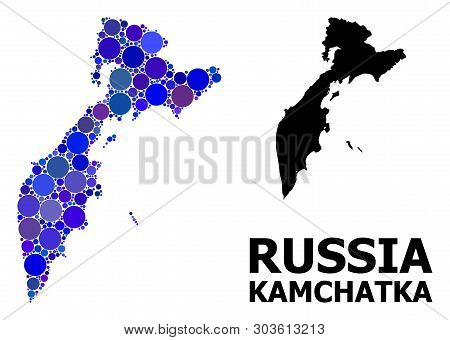 Blue Round Spot Mosaic And Solid Map Of Kamchatka Peninsula. Vector Geographic Map Of Kamchatka Peni