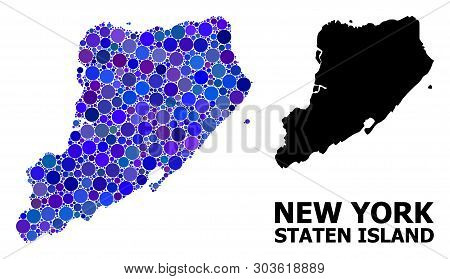 Blue Circle Mosaic And Solid Map Of Staten Island. Vector Geographic Map Of Staten Island In Blue Co