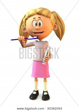 Cartoon Girl Brushing Her Teeth.
