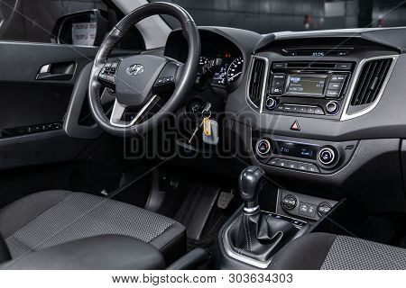 Novosibirsk, Russia - May 28, 2019: Hyandai Creta, Close-up Of The Dashboard, Speedometer, Tachomete