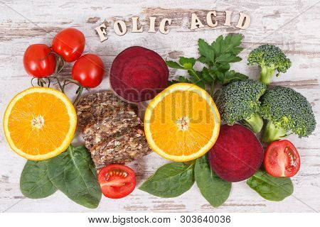 Inscription Folic Acid With Different Ingredients Containing Vitamin B9, Dietary Fiber, Natural Mine
