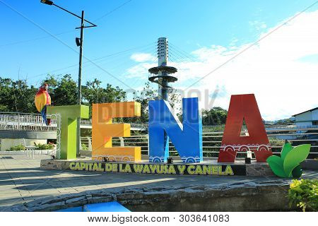 Tena, Ecuador, 18-4-2019: Written In Letters On Main Plaza In Tena With In The Back The Espiral