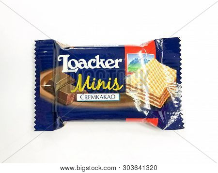 Bangkok Thailand - 29 May2019:  Loacker Mini Chocolate Wafer Small Size On White Background