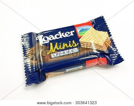Bangkok Thailand - 29 May2019:  Loacker Mini Chocolate Wafer Small Size On White Background