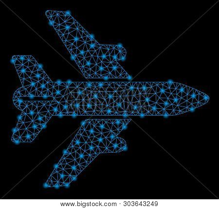 Bright Mesh Airplane With Glare Effect. Shiny Wire Frame Triangular Mesh In Vector Format On A Black