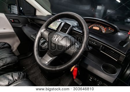 Novosibirsk, Russia - May 28, 2019:  Honda Freed, Close-up Of The Dashboard, Speedometer, Tachometer