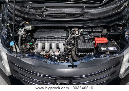 Novosibirsk, Russia - May 28, 2019:  Honda Freed, Close-up Of The Engine, Front View. Photography Of