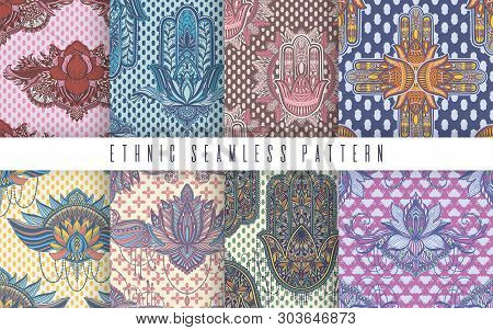 Art Seamless Pattern Set Lotus Flower And Hamsa Mandala. Ethnic Abstract Print. Colorful Repeating B