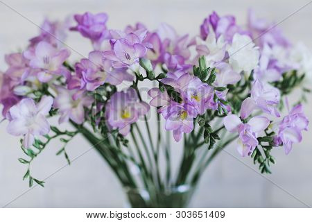 Bouquet Of Delicate Lilac Flowers Close Up.