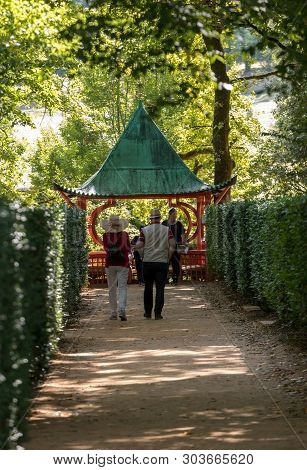 Eyrignac, France - September 2, 2018:  The Chinese Pagoda In The Picturesque Jardins Du Manoir D Eyr