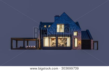 3D Rendering Of Modern Clinker House On The Ponds With Pool In Night Isolated On Gray