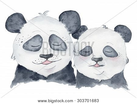Cute Panda Bears Couple In Love Cartoon Watercolor Illustration Hand Drawn Animal